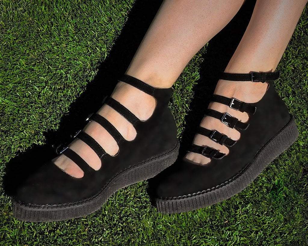 A9674L Black Faux Suede Multi-Strap Pointed Mary Jane Creeper - T.U.K. Shoes