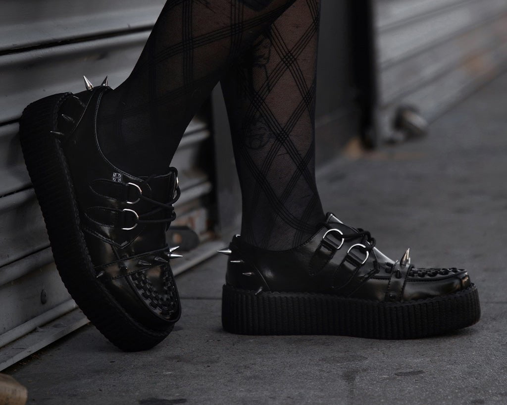 V3341 Black Leather Spike Viva Mondo Creeper - T.U.K. Shoes