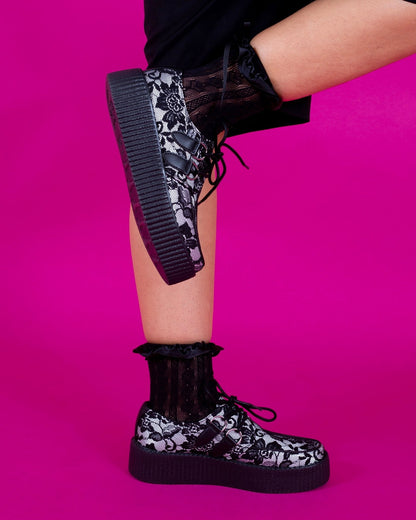 Black Satin Lace Viva Mondo Creeper - T.U.K. Shoes