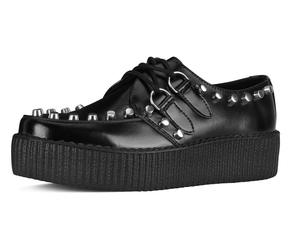 Black Leather Flat Studded Viva Mondo Creeper - T.U.K. Shoes