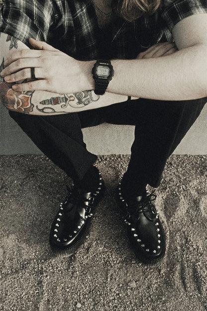 Black Leather Flat Studded Viva Mondo Creeper - T.U.K. Shoes