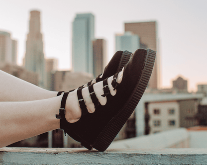A9674L Black Faux Suede Multi-Strap Pointed Mary Jane Creeper - T.U.K. Shoes