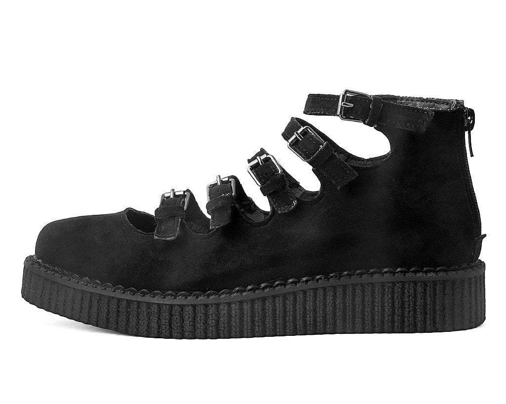 A9674L Black Faux Suede Multi-Strap Pointed Mary Jane Creeper - T.U.K. Shoes