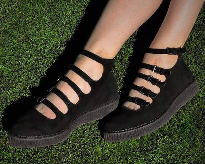 A9674L Black Faux Suede Multi-Strap Pointed Mary Jane Creeper - T.U.K. Shoes