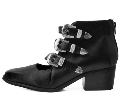 A9625L Black Western Buckle Block Heel - T.U.K. Shoes