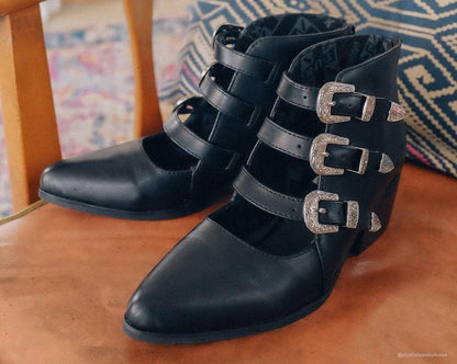 A9625L Black Western Buckle Block Heel - T.U.K. Shoes