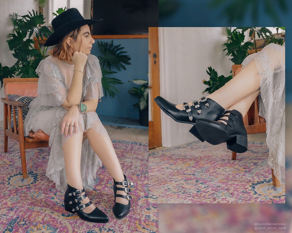 A9625L Black Western Buckle Block Heel - T.U.K. Shoes