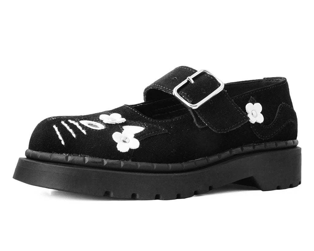 T2327 Black Suede Kitty Flower Mary Jane - T.U.K. Shoes
