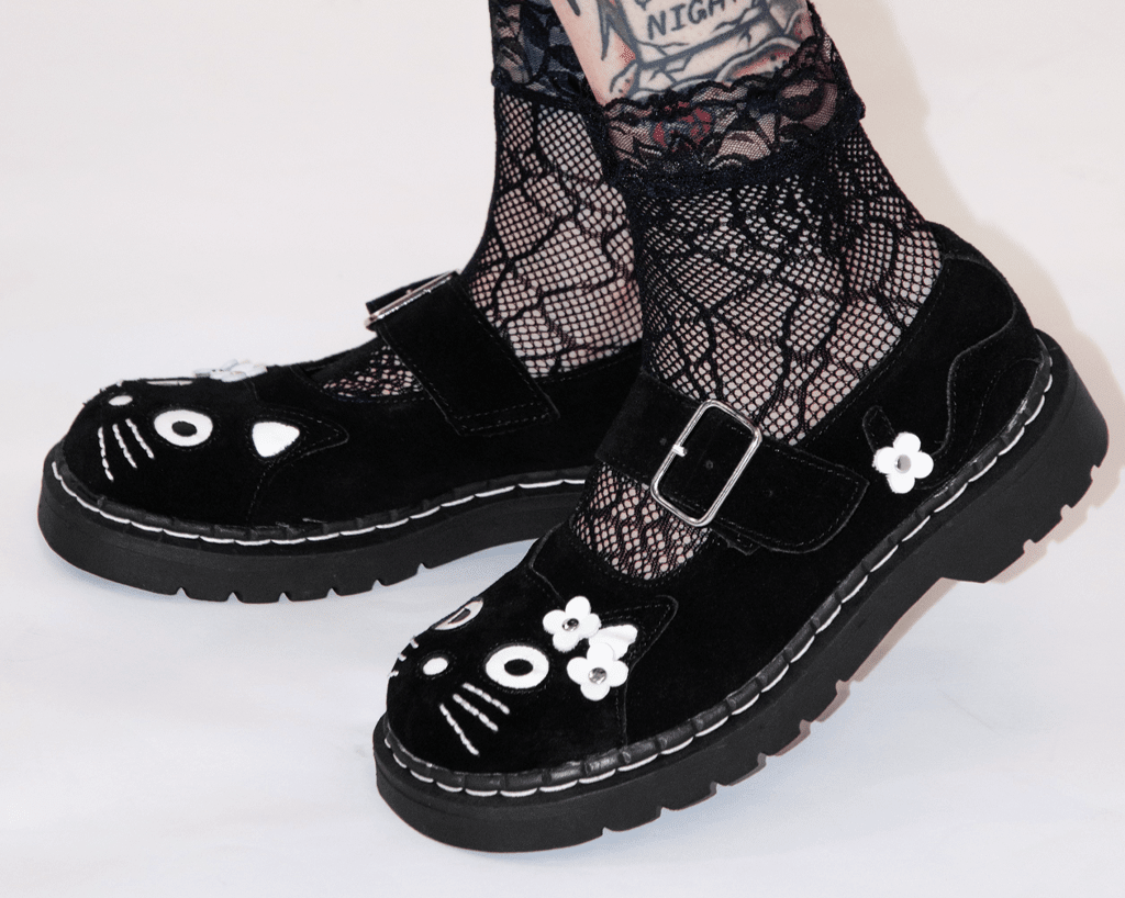 T2327 Black Suede Kitty Flower Mary Jane - T.U.K. Shoes