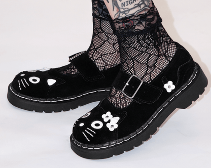 T2327 Black Suede Kitty Flower Mary Jane - T.U.K. Shoes