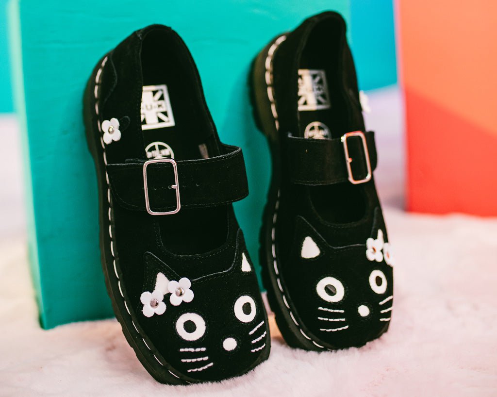 T2327 Black Suede Kitty Flower Mary Jane - T.U.K. Shoes