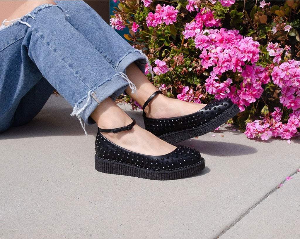 A9666L Black Spiked Pointed Ballet Ankle Strap Creeper - T.U.K. Shoes