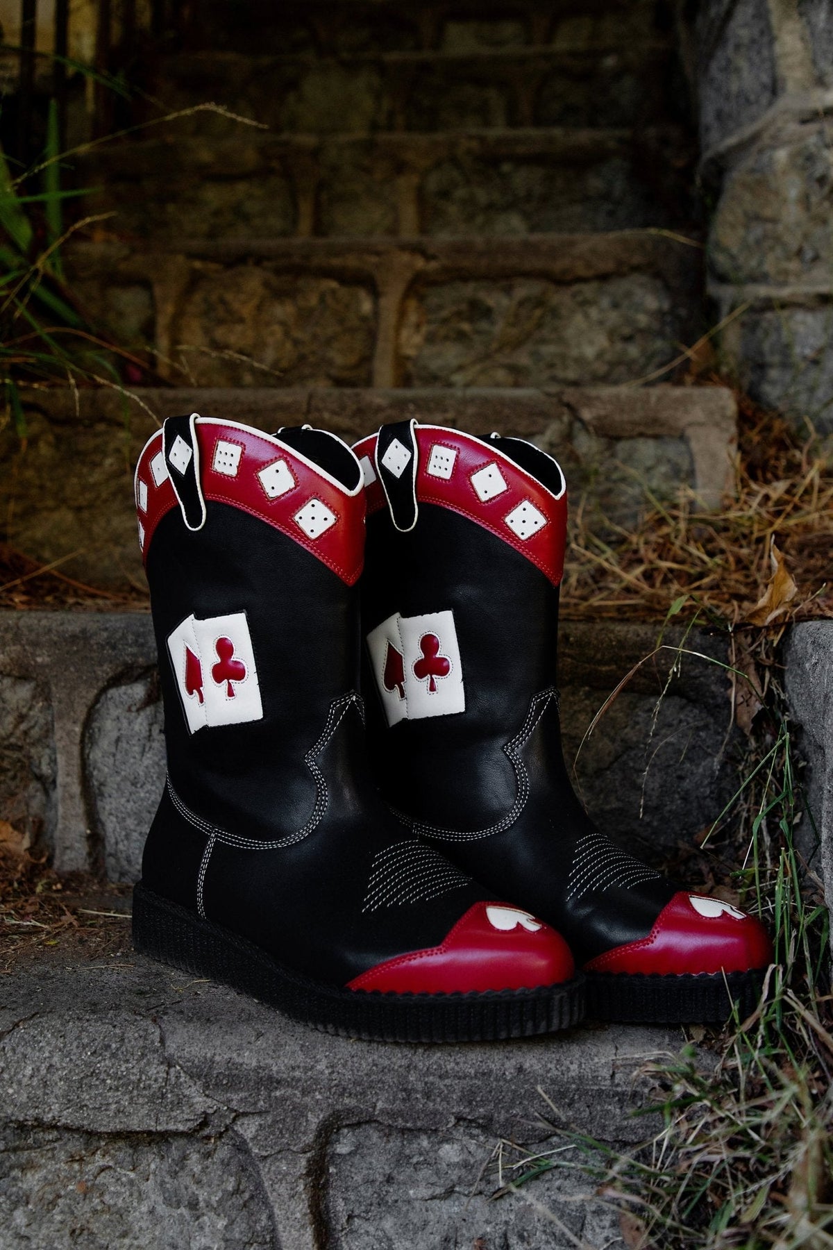 A3440 Black & Red Playing Cards Western Creeper Boot - T.U.K. Shoes