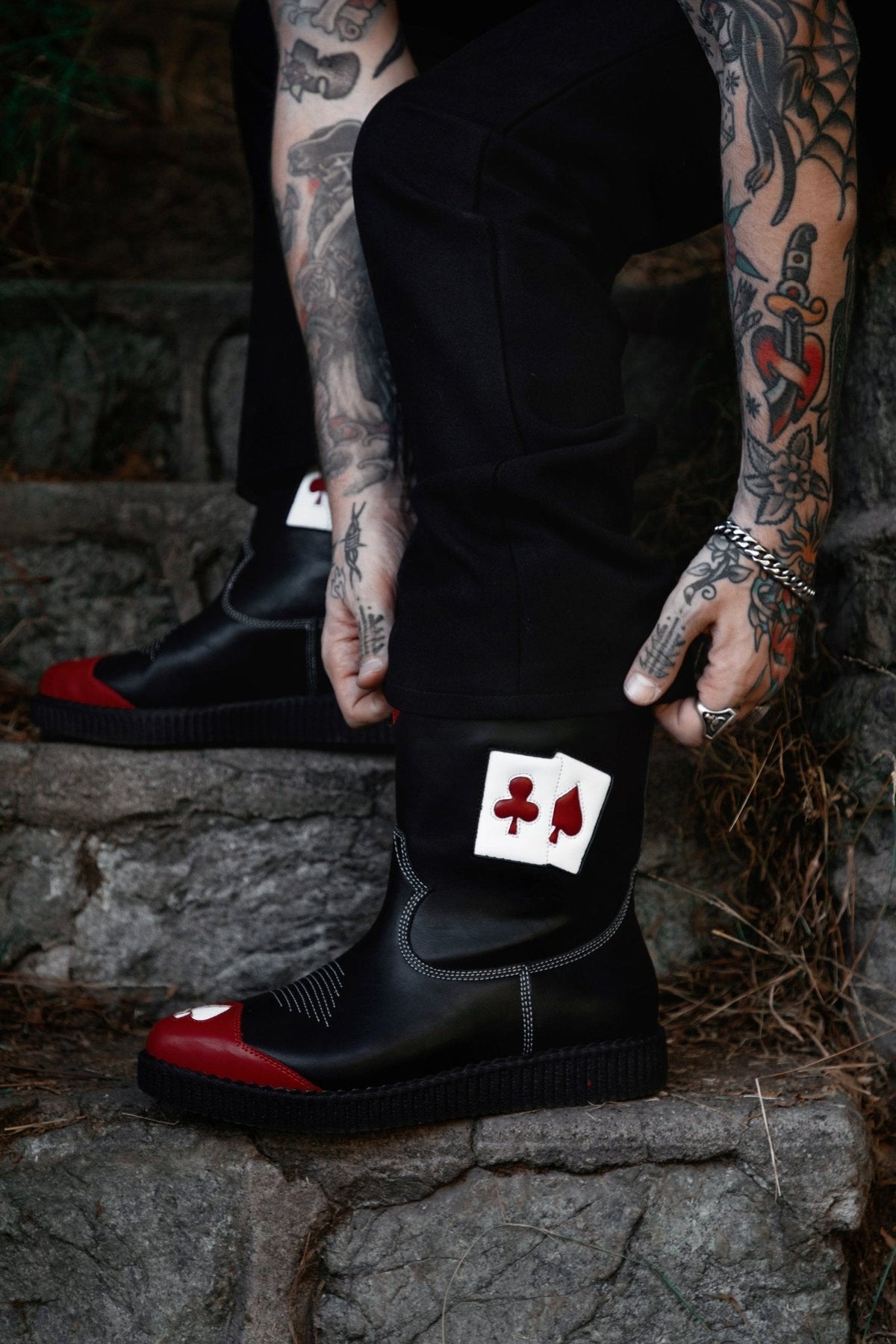 A3440 Black & Red Playing Cards Western Creeper Boot - T.U.K. Shoes