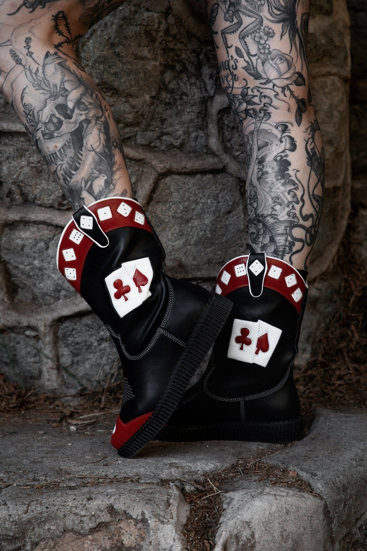 A3440 Black & Red Playing Cards Western Creeper Boot - T.U.K. Shoes