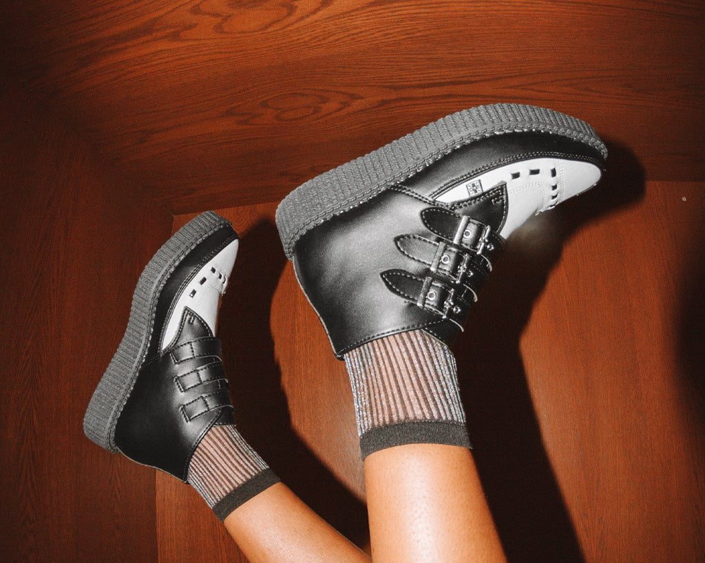 A9540 Black & White TUKskin™ 3-Buckle Pointed Creeper Boot - T.U.K. Shoes