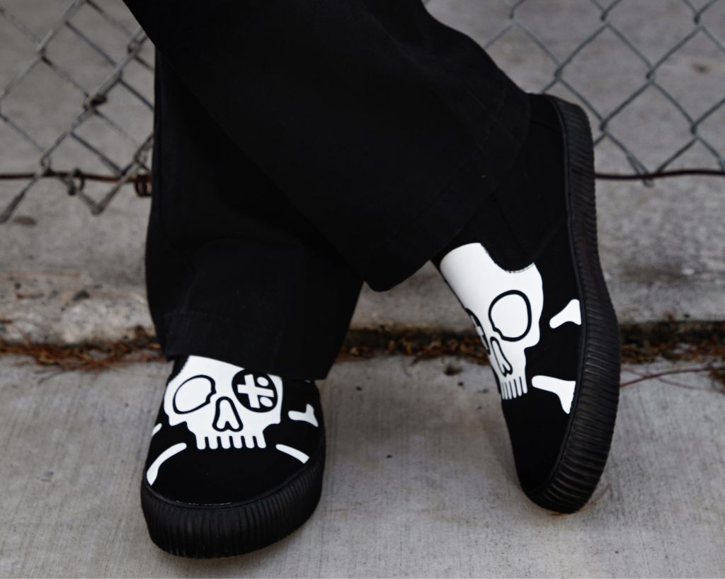 A3352 Black Skull Canvas Slip-On Sneaker - T.U.K. Shoes