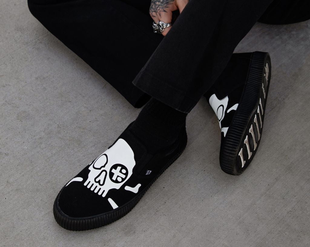 A3352 Black Skull Canvas Slip-On Sneaker - T.U.K. Shoes