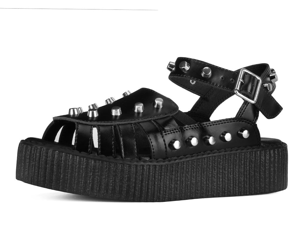 Black Leather Flat Studded Viva Mondo Sandal - T.U.K. Shoes