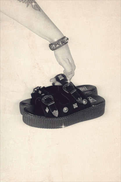 Black Suede Western 2 Strap Viva Mondo Sandal - T.U.K. Shoes