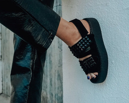V3254L Black Suede Velcro Studded Sandal - T.U.K. Shoes