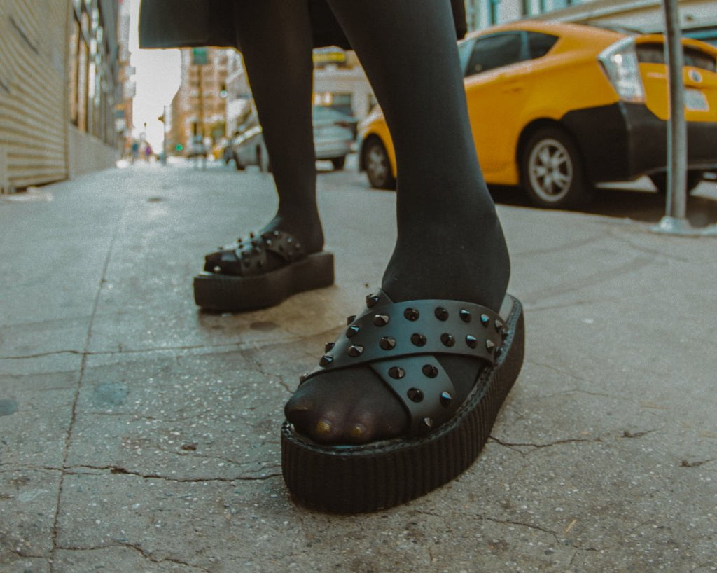 V3179L Black TUKskin™ Cross Strap Studded Sandal - T.U.K. Shoes