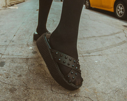V3179L Black TUKskin™ Cross Strap Studded Sandal - T.U.K. Shoes