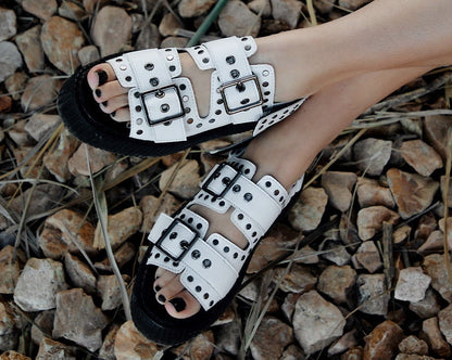V3345L White TUKskin Flat Stud Viva Mondo Sandal - T.U.K. Shoes