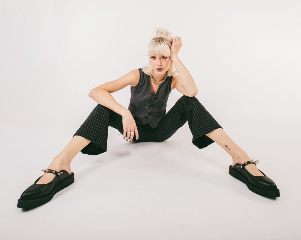 A9769L Black TUKskin™ Spike Strap Pointed Mule - T.U.K. Shoes