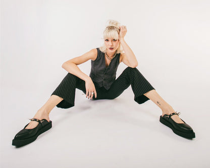 A9769L Black TUKskin™ Spike Strap Pointed Mule - T.U.K. Shoes