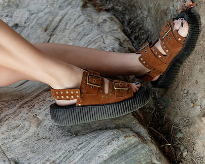 V3344L Brown Suede Flat Stud Viva Mondo Sandal - T.U.K. Shoes