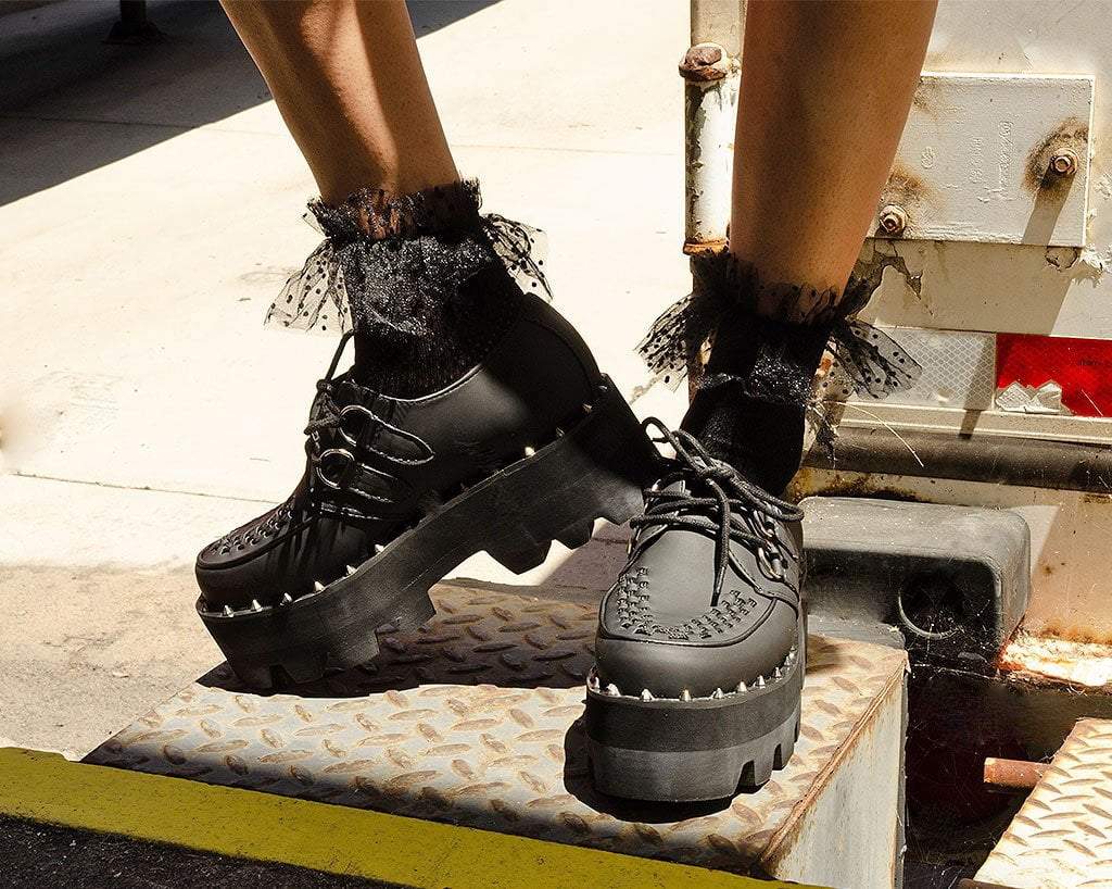 A9469 Black Faux Leather Dino Lug Sole Creeper - T.U.K. Shoes