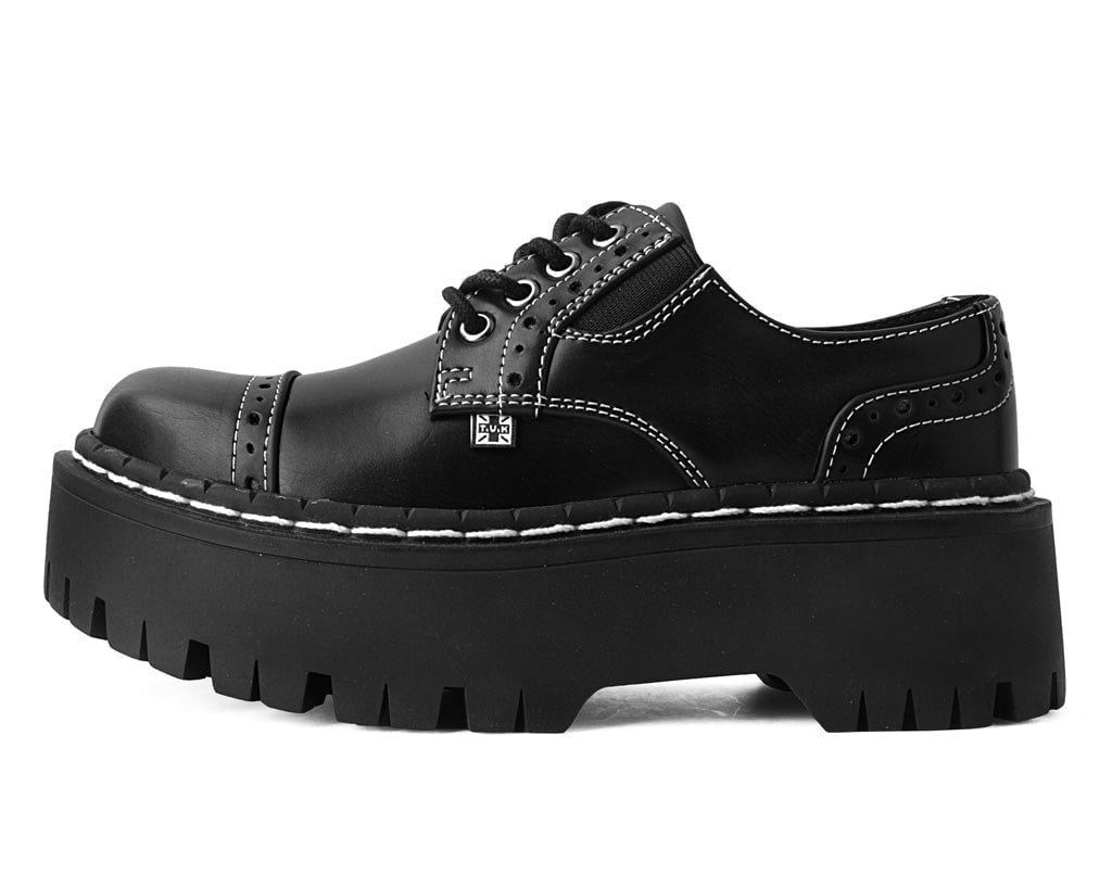 A3030L Black Burnished Contrast Stitch Double Decker Brogue - T.U.K. Shoes