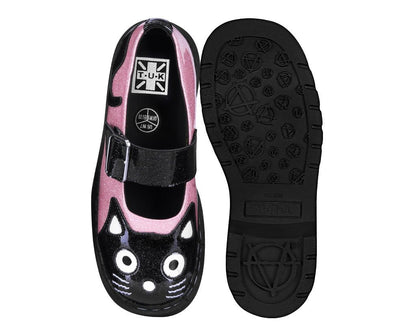 Black & Pink Vinyl Glitter Kitty Mary Jane - T.U.K. Shoes