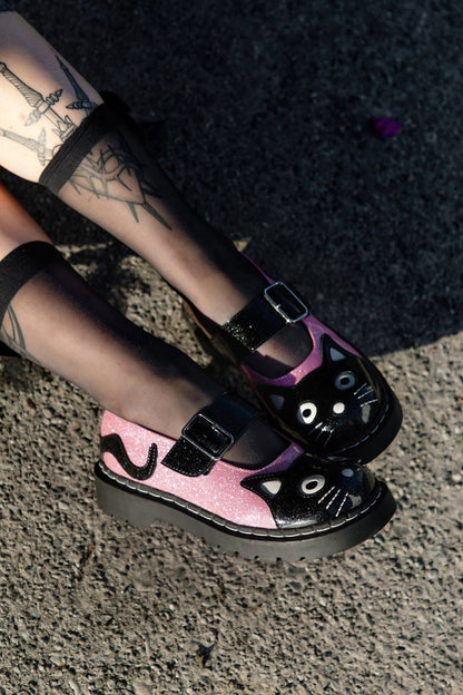 Black & Pink Vinyl Glitter Kitty Mary Jane - T.U.K. Shoes