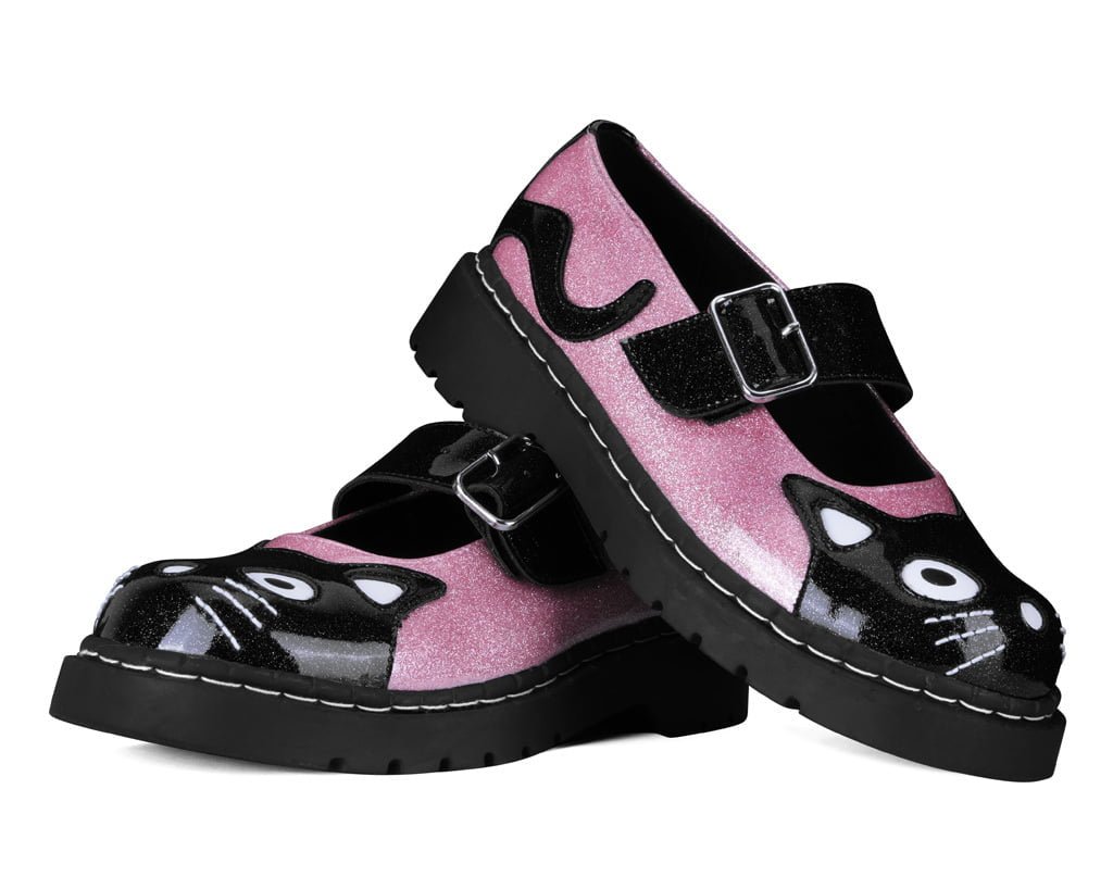 Black & Pink Vinyl Glitter Kitty Mary Jane - T.U.K. Shoes