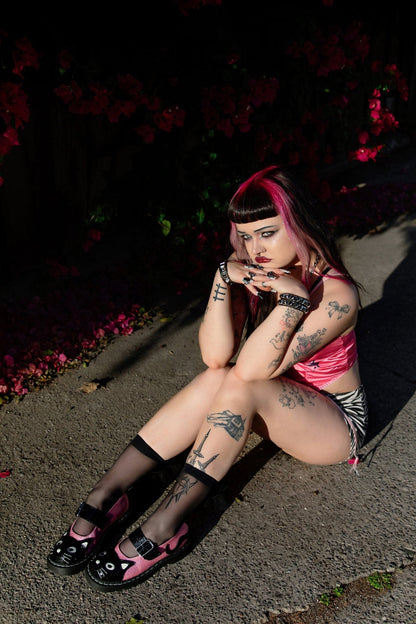 Black & Pink Vinyl Glitter Kitty Mary Jane - T.U.K. Shoes