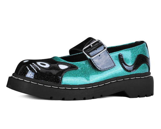 Black & Teal Vinyl Glitter Kitty Mary Jane - T.U.K. Shoes