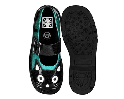 Black & Teal Vinyl Glitter Kitty Mary Jane - T.U.K. Shoes