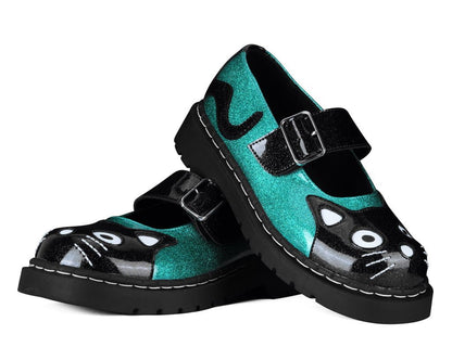 Black & Teal Vinyl Glitter Kitty Mary Jane - T.U.K. Shoes