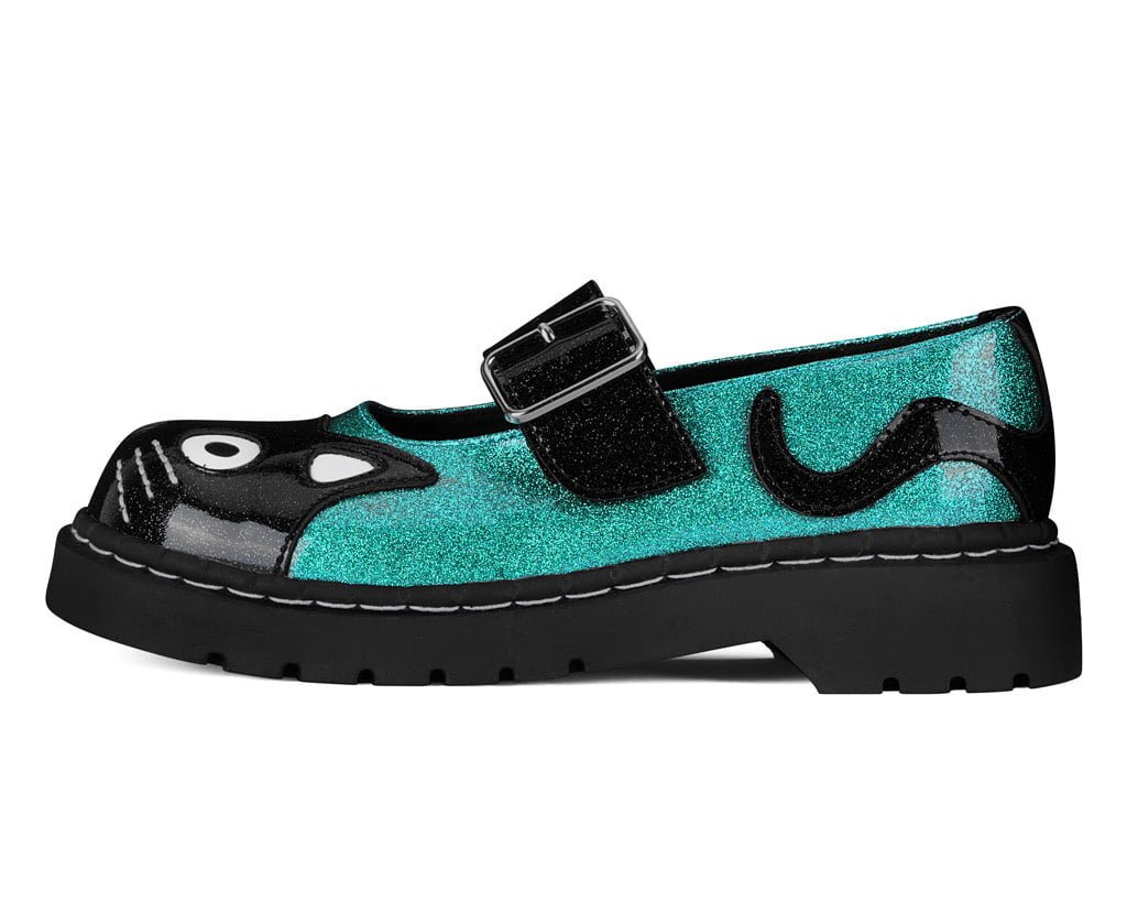 Black & Teal Vinyl Glitter Kitty Mary Jane - T.U.K. Shoes