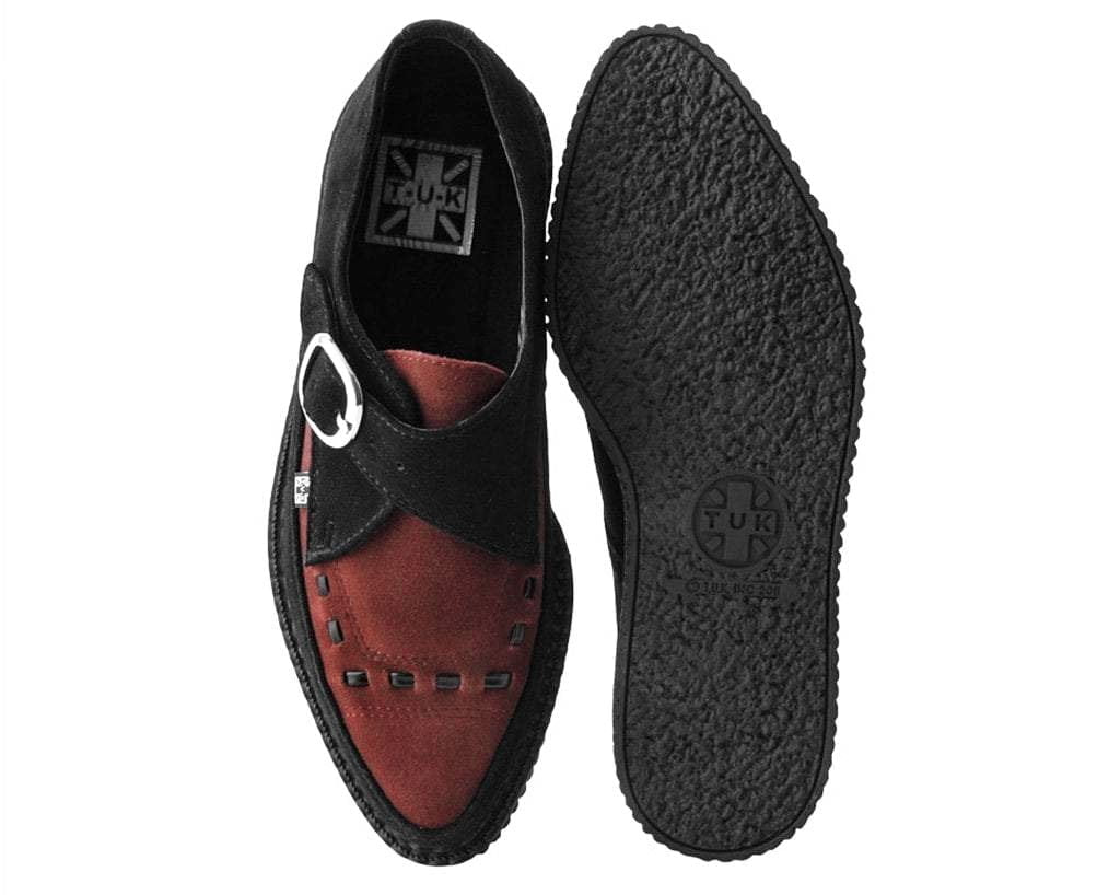 A9592 Black & Burgundy Suede Pointed Buckle Creeper - T.U.K. Shoes