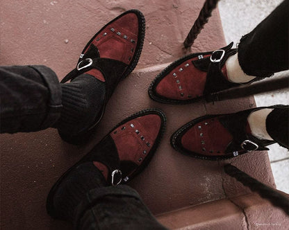 A9592 Black & Burgundy Suede Pointed Buckle Creeper - T.U.K. Shoes