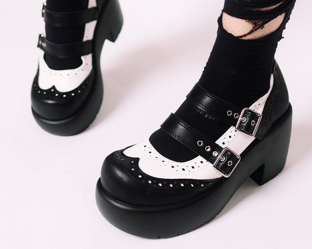 A3273L Black & White Brogue Bubble Mary Jane - T.U.K. Shoes