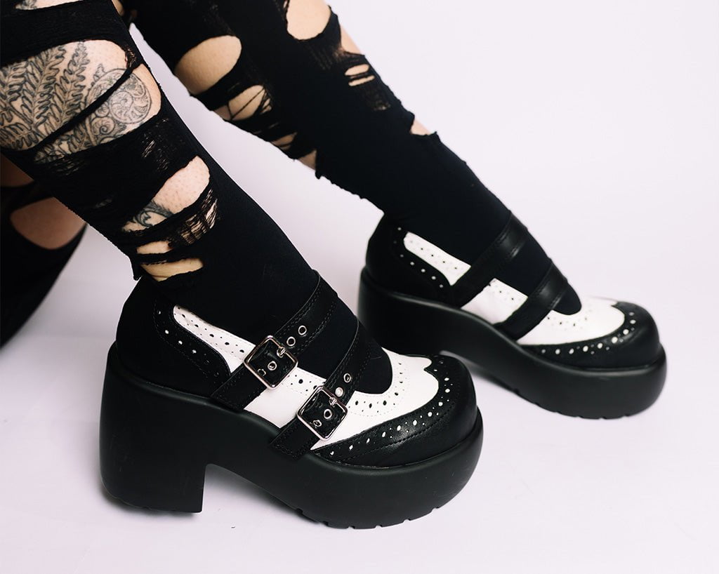 A3273L Black & White Brogue Bubble Mary Jane - T.U.K. Shoes