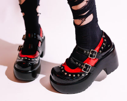 A3274L Black & Red Patent Brogue Bubble Mary Jane - T.U.K. Shoes