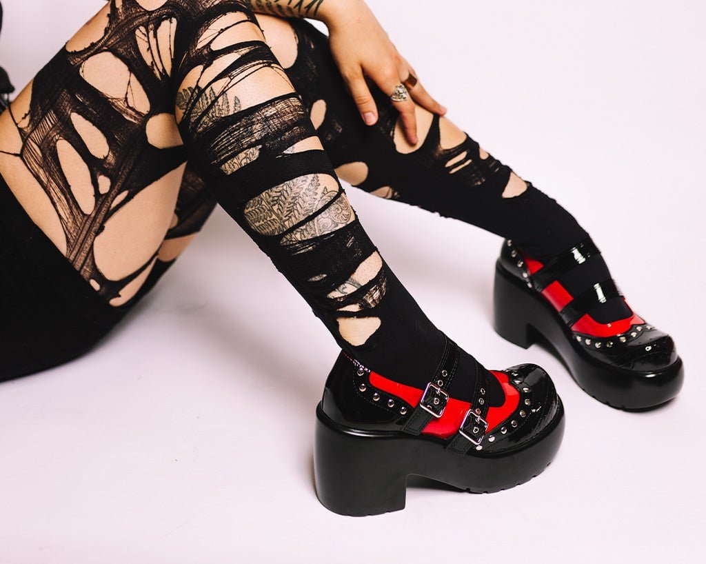 A3274L Black & Red Patent Brogue Bubble Mary Jane - T.U.K. Shoes