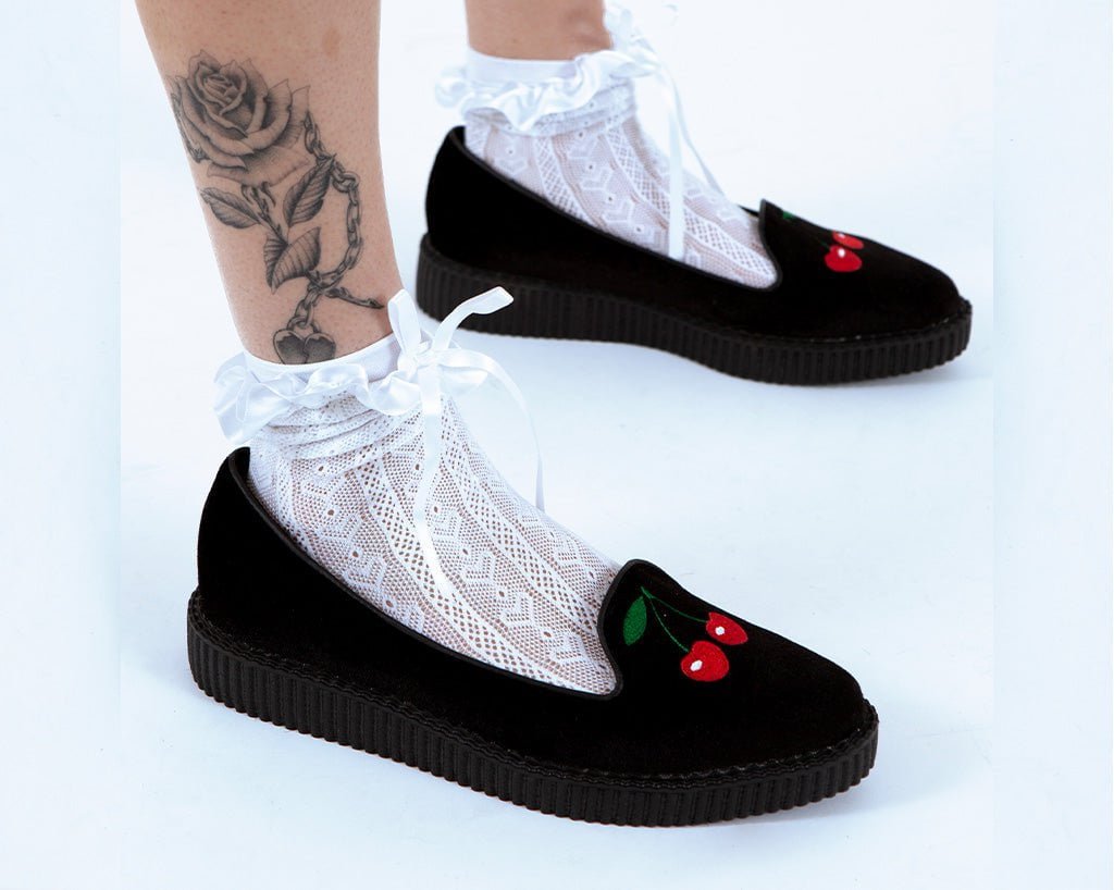A3338L Black Velvet Cherry Ballet Flat - T.U.K. Shoes