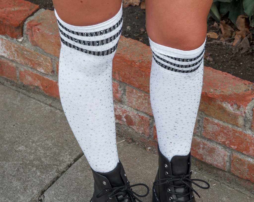 TSK1124 Black & White Varsity Rhinestone Over-The-Knee Sock TSK1124-OS - T.U.K. Shoes