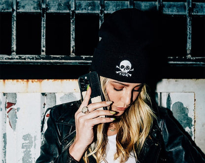 HT03-OS Black Skull Embroidery Beanie HT03-OS - T.U.K. Shoes
